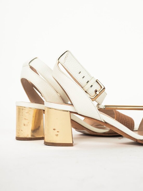 Escada SS14 White & Brown Snakeskin-Embossed T-Strap Mirror-Heel Sandals - Picture 7 of 10